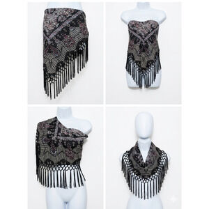 Triangle Scarf Black Print Fringe Tassel Chiffon Boho Y2K Bandeau Top/Skirt Wrap